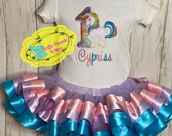 Unicorn Glitter Ribbon Tutu Outfit, Unicorn Birthday Tutu Set, First Birthday Unicorn TuTu Set,  1st Birthday Unicorn Ribbon Tutu Set