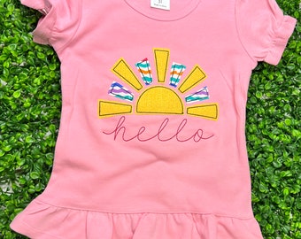 Hello Sunshine Ruffle Shirt/Monogram Puff Sleeve Shirt/Monogram Girl Shirt/Personalized Ruffle Shirt/ Personalized Puff Sleeve Shirt