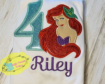 Little Mermaid Ariel Birthday Shirt, Ariel Birthday Shirt For Girls, Glitter Little Mermaid Birthday Shirt, Embroidered Little Mermaid Shirt