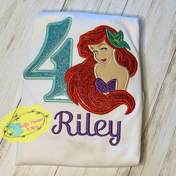 Little Mermaid Ariel Birthday Shirt, Ariel Birthday Shirt For Girls, Glitter Little Mermaid Birthday Shirt, Embroidered Little Mermaid Shirt