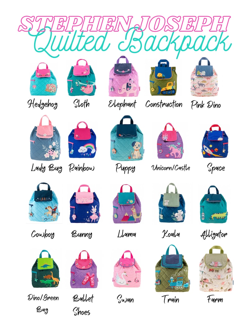 Puede incluir: Una colecci&oacute;n de 18 mochilas acolchadas con varios dise&ntilde;os de animales y temas. Las mochilas est&aacute;n hechas de una tela suave acolchada y tienen un cierre de cord&oacute;n. Algunos de los dise&ntilde;os incluyen un erizo, un perezoso, un elefante, un veh&iacute;culo de construcci&oacute;n, un dinosaurio rosa, una mariquita, un arco&iacute;ris, un cachorro, un unicornio y un castillo, el espacio, un vaquero, un conejito, una llama, un koala, un caim&aacute;n, un dinosaurio y una bolsa verde, zapatos de ballet, un cisne, un tren y una granja.