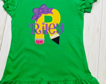 Back to School Personalized Embroidered Shirt/ Personalized School Shirt/ Back To School Girl Shirt/ School Pencil with Bow Letter Shirt