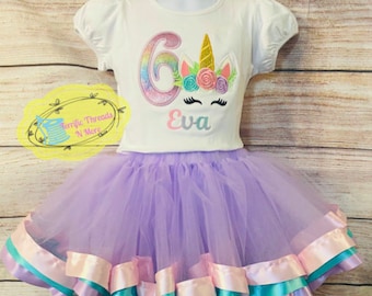 Unicorn Glitter Ribbon Tutu Outfit/Unicorn Birthday Tutu Set/Ombre Birthday Floral Unicorn TuTu Set/ Birthday Ombre Unicorn Ribbon Tutu Set