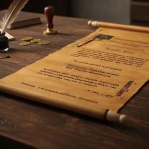 May include: A vintage parchment scroll with wooden dowels, resting on a dark wooden table. An inkwell with a feather quill, a wax seal, and coins are also on the table. The scroll has text.