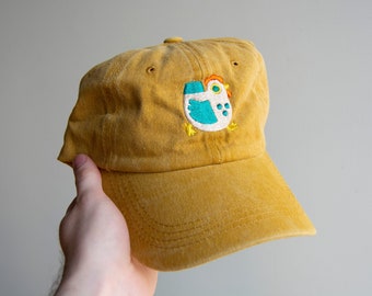 Chicken Hat - Yellow Dad Cap with Simple White Chicken Embroidery