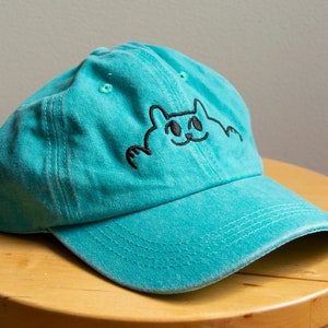 Little Guy "HEY" Hat - Aqua Green Dad Cap with Simple Embroidery, Cat Hat, Shiba Inu Dog, Kawaii Guy