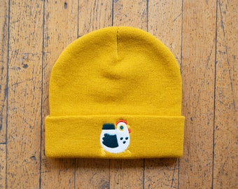 Chicken Beanie - Mustard Yellow Knit Hat with Americana Chicken Embroidery, Stylish Toque