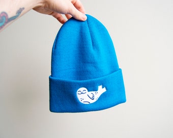 Seal Beanie - Blue Knit Hat with Banana Seal Embroidery, Stylish Toque