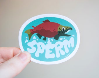 Spawning Salmon - 3" Vinyl Sticker, Matte Durable Weatherproof Vinyl Decal, PNW, Alaskan Salmon, Sperm, funny fish