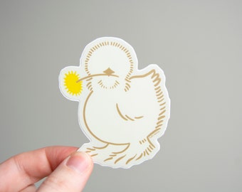 Silkie Chicken  - 3" Vinyl Sticker, Matte Durable Weatherproof Vinyl Decal, bird Illustration, farm animal, chicken with flower