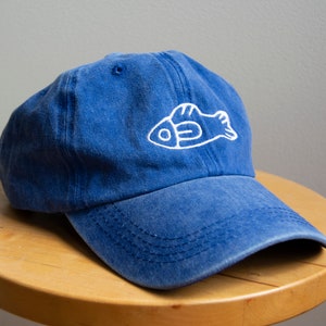 Fish Hat - Blue Dad Cap with Simple Fish Embroidery and Waves, Gifts for Dads, Fishing