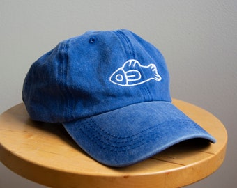 Fish Hat - Blue Dad Cap with Simple Fish Embroidery and Waves, Gifts for Dads, Fishing