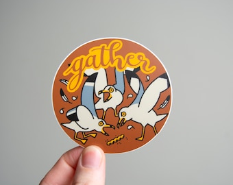 gather Seagulls with French Fry - 3" Vinyl Sticker, Matte Durable Weatherproof Vinyl Decal, bird Illustration, folk art water fowl, basic
