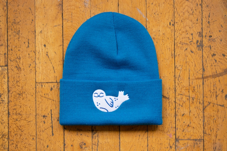 Seal Beanie Blue Knit Hat with Banana Seal Embroidery, Stylish Toque image 5