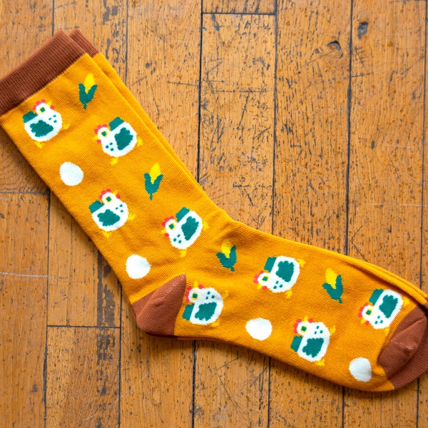 Chicken Socks - Cotton/Nylon Blend Crew Socks - Americana Chicken, Corn, Eggs, Dress Socks