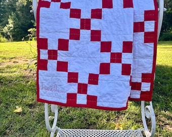 Hand Quilted Baby Quilt, Red and White, Swaddle/Toddler Quilt (37"x37")
