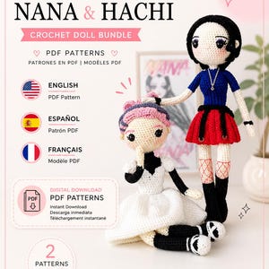 Puede incluir: Un paquete de muñecas de ganchillo con dos muñecas, una con top azul y falda roja, la otra con un vestido blanco. La imagen incluye el texto: "NANA & HACHI CROCHET DOLL BUNDLE" y "PDF PATTERNS".