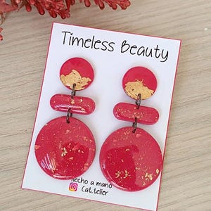 Golden Fire Earrings – Red Polymer Clay Dangle Studs with Gold Leaf, Handmade Textured Drops, Lightweight Artisan Jewelry