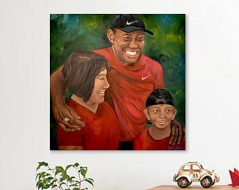 Peinture à l'huile originale de Tiger Woods, famille de Tiger Woods, peinture de maîtres de golf