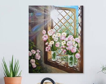 Peinture à l’huile de fleurs de fenêtre originale, peinture de vase de fleurs, fenêtre ensoleillée avec peinture à l’huile de fleurs
