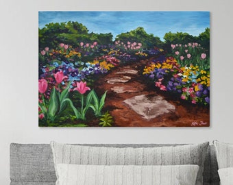 Original Flower Path Oil Painting, Garden Scene, Flower Garden Walkway Painting