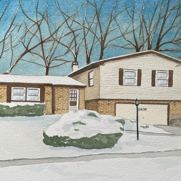 Retrato de casa pintado a mano en acuarela, pintura personalizada para el hogar