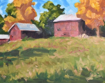 Peinture à l’huile originale de la grange d’automne, champ d’automne, peinture de ferme