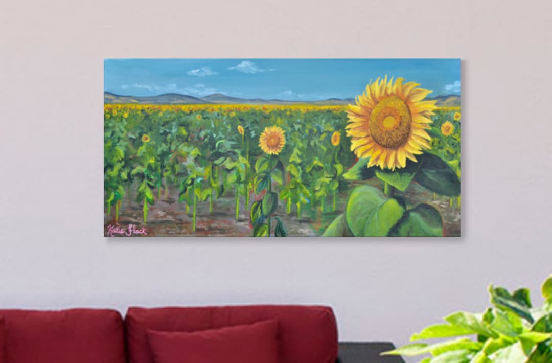 Original Sunflower Landscape Oil Painting, Greece Sunflower Field
