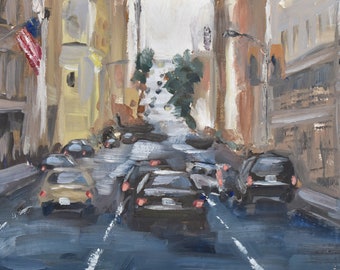 Original City Oil Painting, City Street, Cars Painting