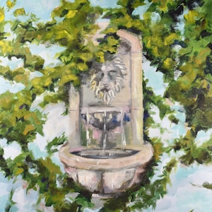 Original Lion Fountain Oil Painting, Ivy Wall, Garden Painting