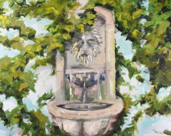 Original Lion Fountain Oil Painting, Ivy Wall, Garden Painting