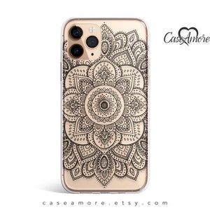 Henna Mandala Art, iPhone 13 case, iPhone 15 Pro case, iPhone 12 case, iPhone XS case, Clear Rubber, Galaxy S20 case, Galaxy case, Black