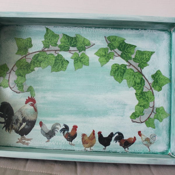 Hand Decorated Wooden Tray, Gift for her, Serving Tray, Home Decoration , Wooden Cottage Tray, Gift for Mother, Handmade item, Tray Rooster