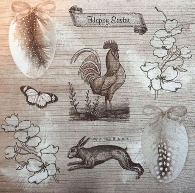 4 Single Paper Napkins for Decoupage Country Rooster Grey