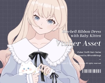 Rigged Bluebell Ribbon Dress with Baby Kitten VTuber Asset: Live2D Item (Digital Download)