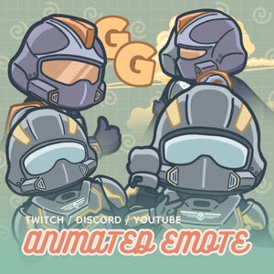 Puede incluir: Emoticono animado para Twitch, Discord y YouTube con un personaje de piloto espacial gris y amarillo con casco y pulgar hacia arriba. El emoticono está sobre un fondo verde con un símbolo GG.