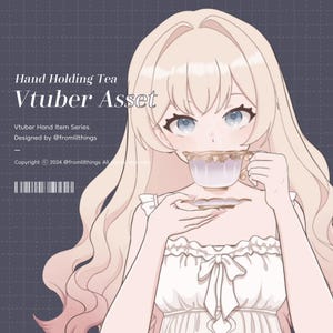 Puede incluir: Ilustración de un personaje sosteniendo una taza y un platillo de té. La taza es blanca con detalles dorados. La imagen incluye el texto "Hand Holding Tea Vtuber Asset" y "Vtuber Hand Item Series". Copyright 2024 @fromlilthings.