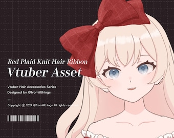 Rigged Red Plaid Knit Hair Ribbon VTuber Asset: Live2D Item (Digital Download)