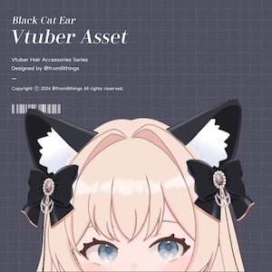 Puede incluir: Imagen de un accesorio Vtuber: orejas de gato negras. Las orejas están adornadas con lazos negros y joyas. El texto de la imagen dice "Black Cat Ear Vtuber Asset" y "Vtuber Hair Accessories Series".