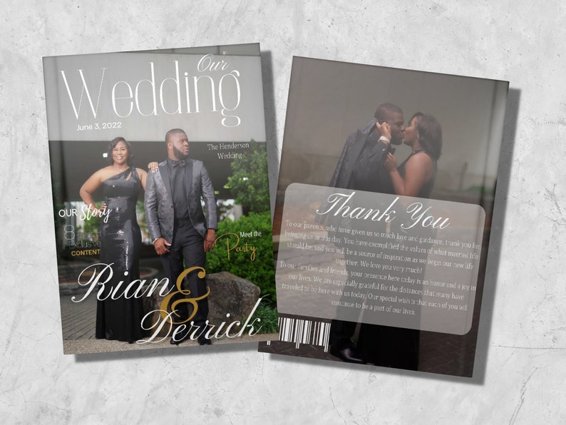 May include: A wedding magazine cover with a photo of a couple in black attire. The cover reads "Our Wedding" with the date "June 3, 2022" and the couple's names "Rian & Derrick". The text "Thank You" is on the right side of the image.