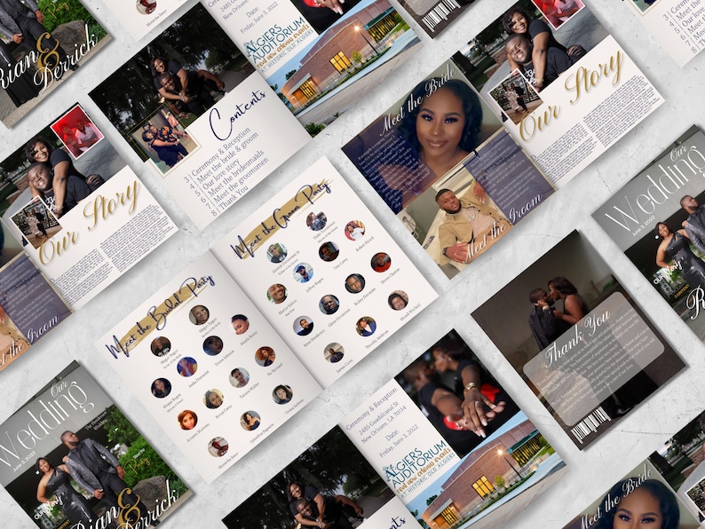 May include: A wedding program booklet with a gold and blue design. The cover features a photo of the bride and groom and the text "Our Story". The inside pages include a table of contents, a meet the bride and groom section, and a thank you message.