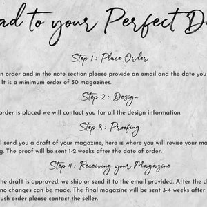 May include: A black and white text graphic on a gray background with the text "Road to your Perfect Day". The graphic outlines the steps to create a custom magazine: Place Order, Design, Proofing, and Receiving your Magazine.