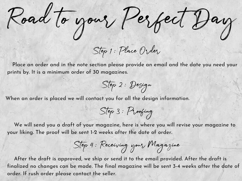 May include: A black and white text graphic on a gray background with the text "Road to your Perfect Day". The graphic outlines the steps to create a custom magazine: Place Order, Design, Proofing, and Receiving your Magazine.