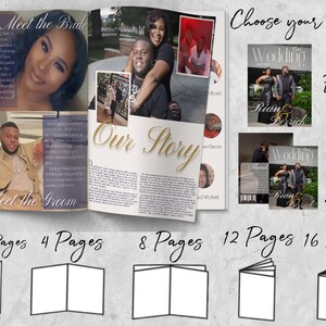 May include: A mockup of a wedding magazine with different page options. The cover features a couple in black and white attire with the text "Wedding" and "Rian & Derick". The inside pages feature photos of the couple and text about their story. The options for pages are 1 or 2, 4, 8, 12, and 16 pages.