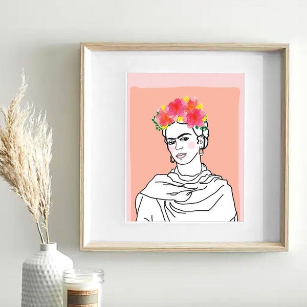 Frida Khalo Illustration Print. Bright watercolour & line illustration, Digital A4 Print.