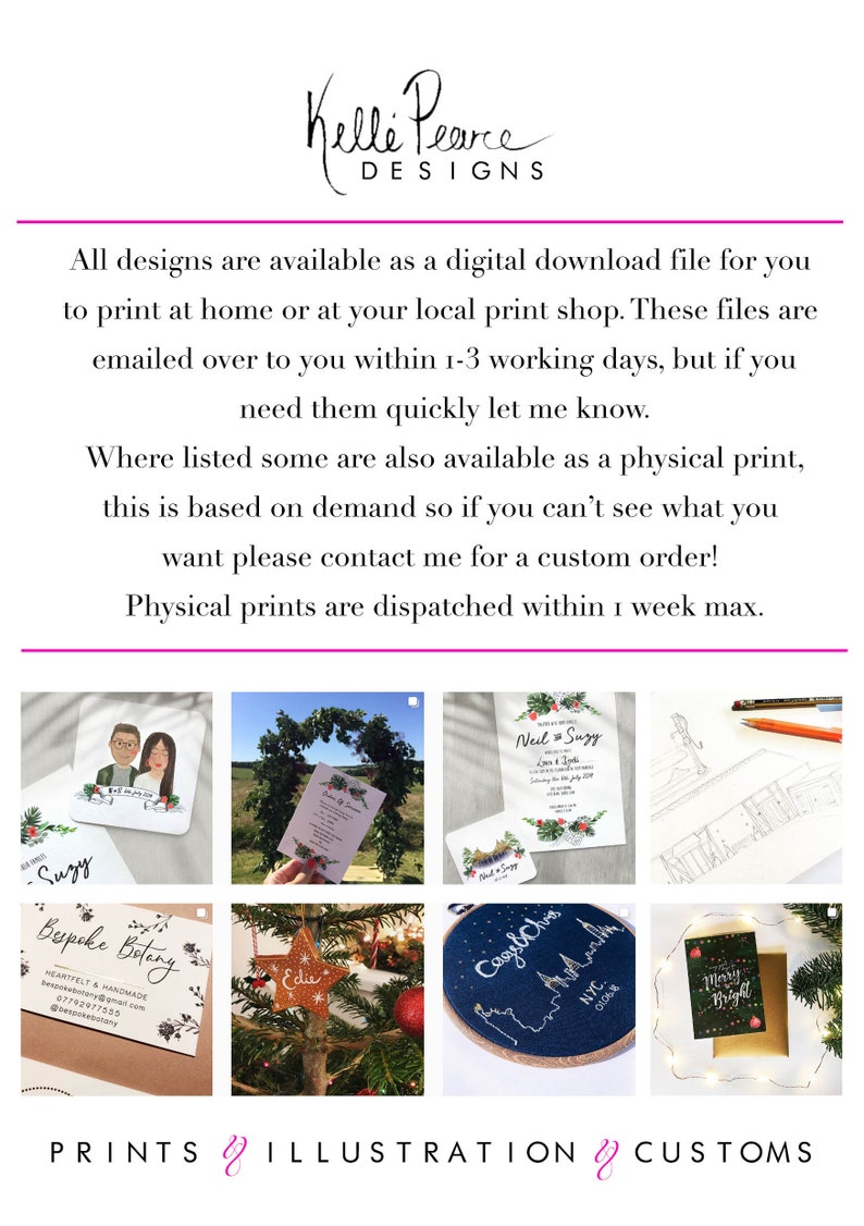May include: A collage of images showcasing various designs, including illustrations, prints, and embroidery. The designs feature a variety of themes, such as wedding invitations, Christmas ornaments, and personalized illustrations. The text "PRINTS ILLUSTRATION CUSTOMS" is displayed at the bottom of the image.