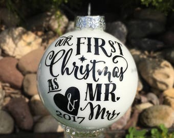 First Cristmas as Mr & Mrs OOAK   Personalized Ornament, White, Gold Glitter or Silver Glitter