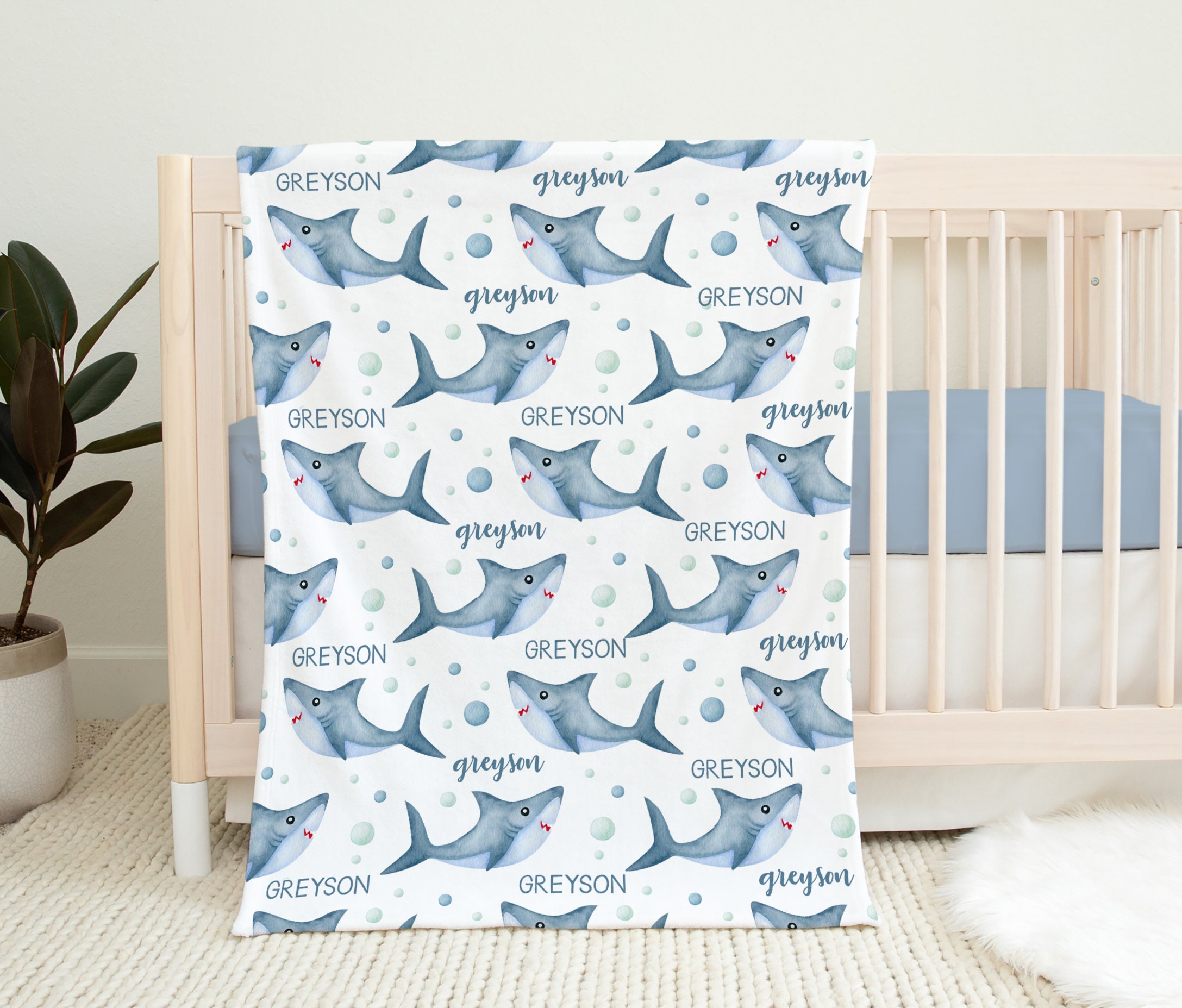 Personalized Baby Blanket Sharks Baby Boy Name Blanket Sea Etsy