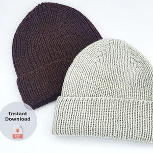 May include: Two knitted beanies, one dark brown and one light gray, are displayed against a white background. The beanies have a ribbed brim and a simple, classic design. A circular graphic with the words "Instant Download" and a PDF icon is in the lower left corner.