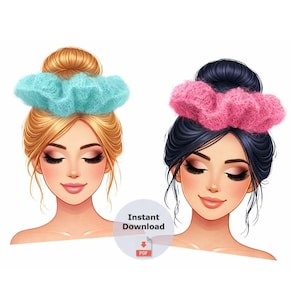 以下が含まれることがあります： お団子ヘアの頭部を描いた2つのデジタルイラスト。一方は金髪にターコイズブルーのふわふわしたシュシュ、もう一方はダークヘアにピンクのふわふわしたシュシュを着用。円形のバッジにはInstant Downloadの文字とPDFアイコンが表示されている。